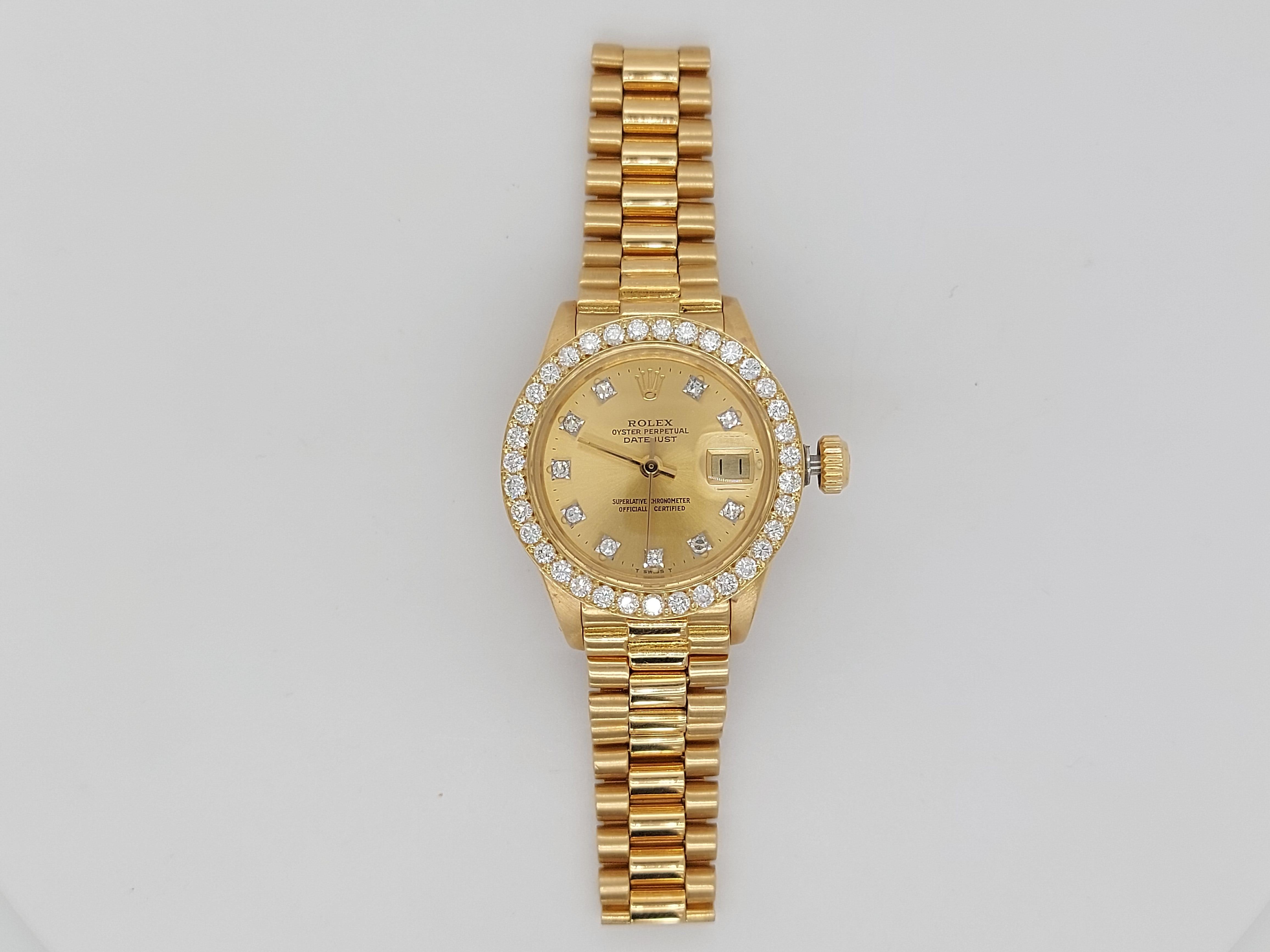 Women's 18 Karat Yellow Gold, Rolex Ladies, Datejust President with Diamonds Ref.6917