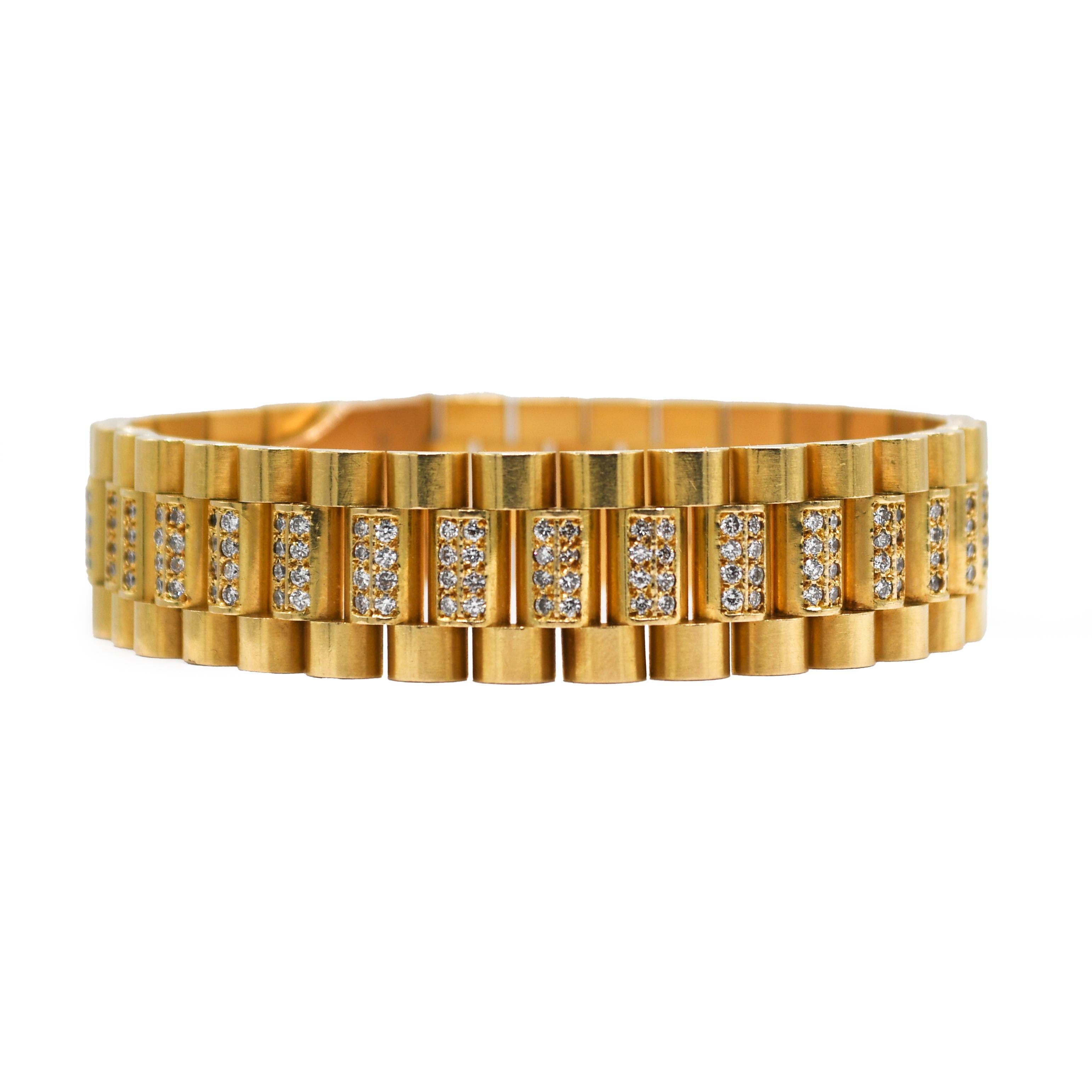 Men's Rolex style 18k yellow gold and diamond bracelet. 
Stamped 18k and weighs 86.5 grams.
The bracelet is made to look like the Rolex president watch bracelet including the clasp.
The diamonds are round brilliant cuts, G, H, i color range, Vs