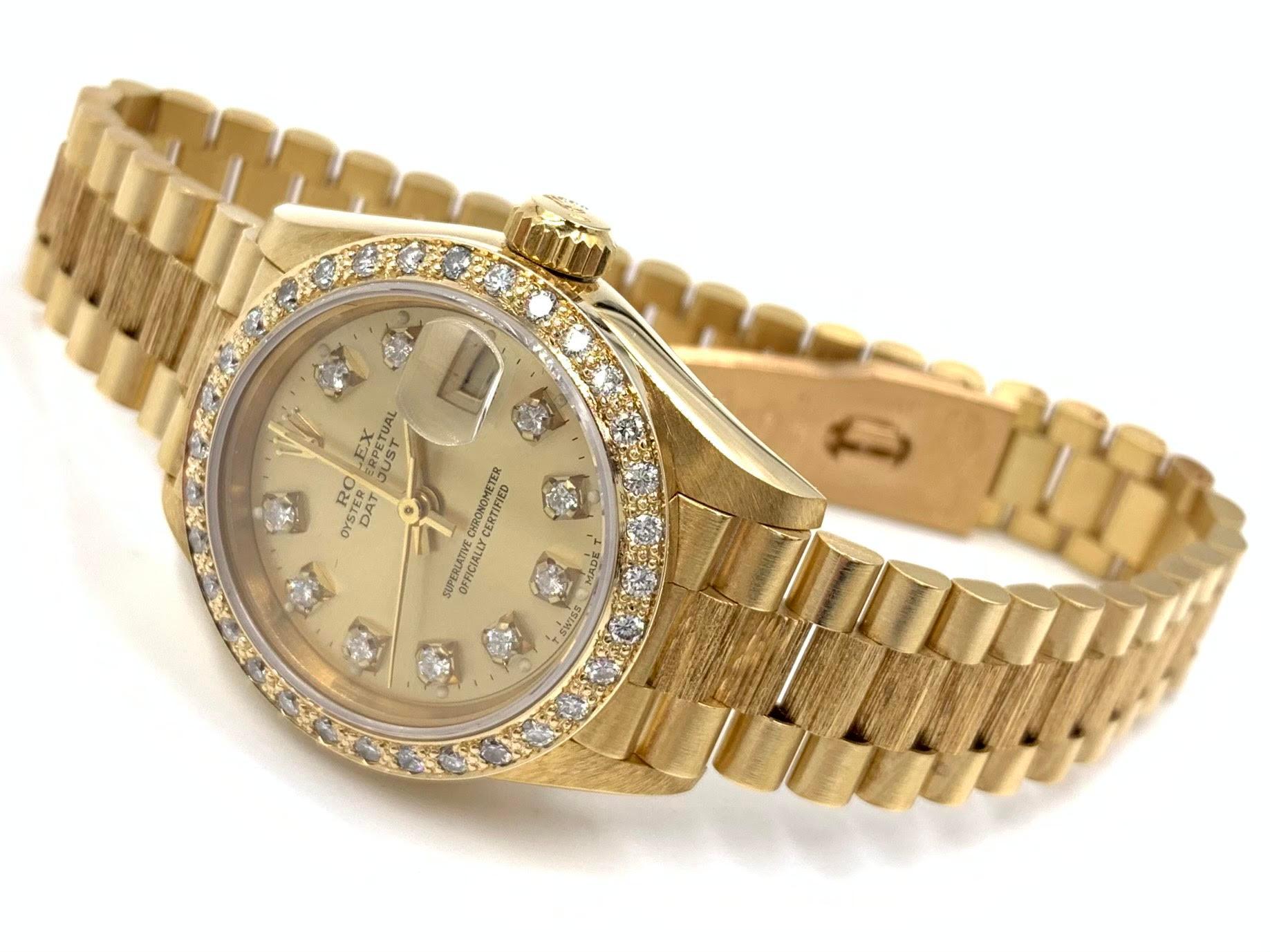 18 Karat Yellow Gold Rolex Vintage Ladies President with Diamonds In Good Condition In Pikesville, MD
