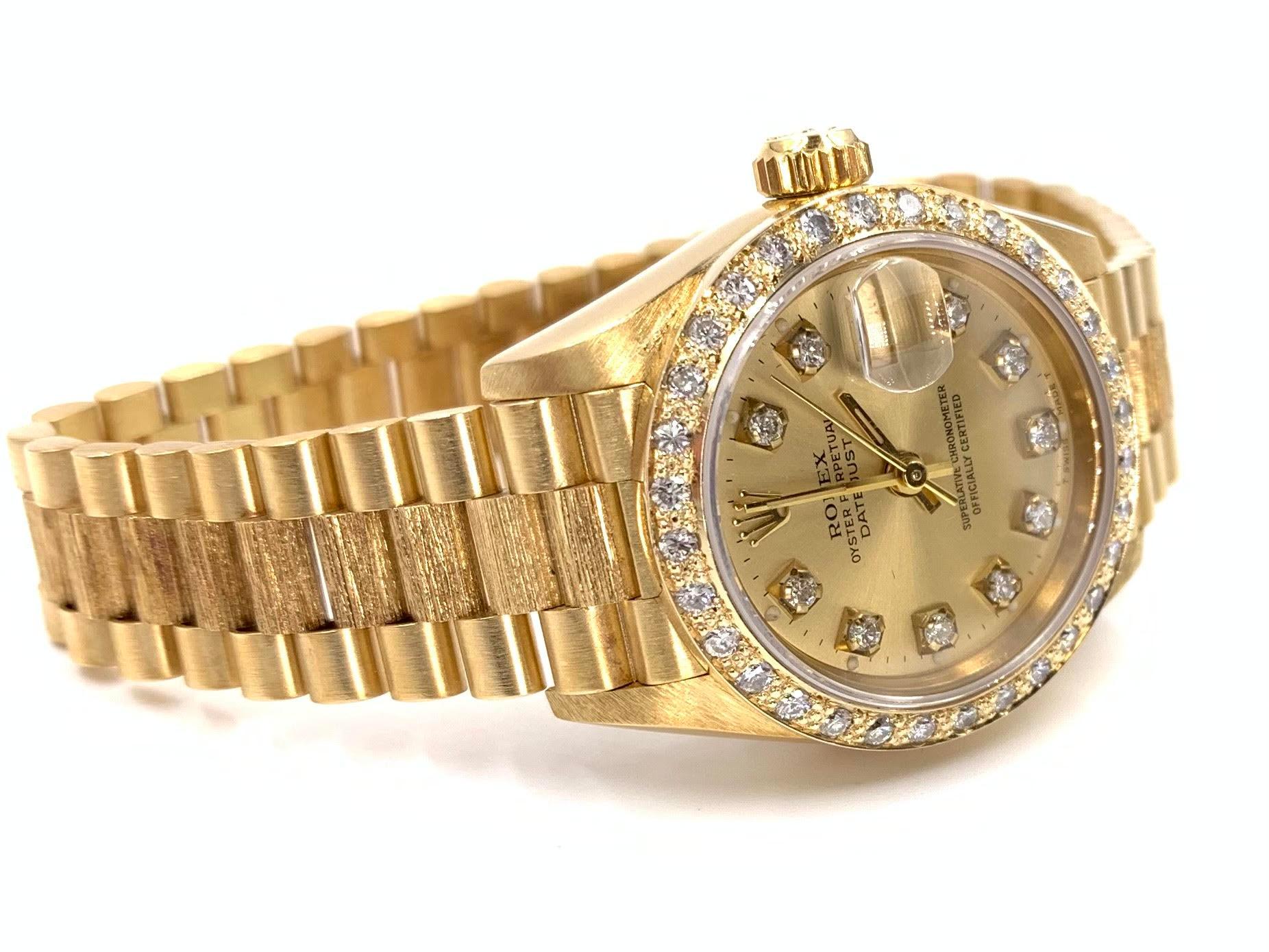 Women's 18 Karat Yellow Gold Rolex Vintage Ladies President with Diamonds