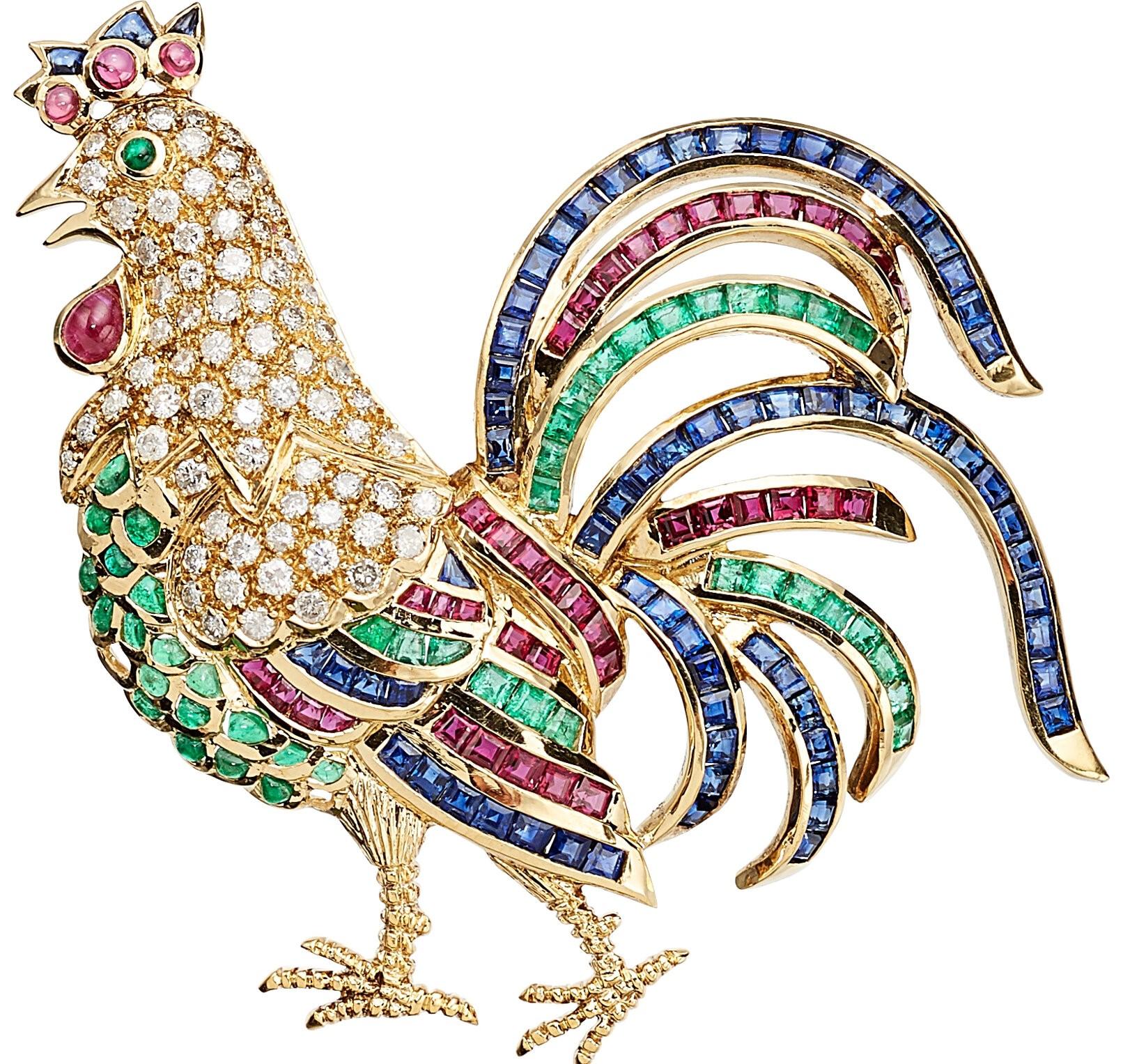 Broche Gallo de Oro Amarillo de 18k con Piedras Preciosas y Detalles de Diamantes Moderno