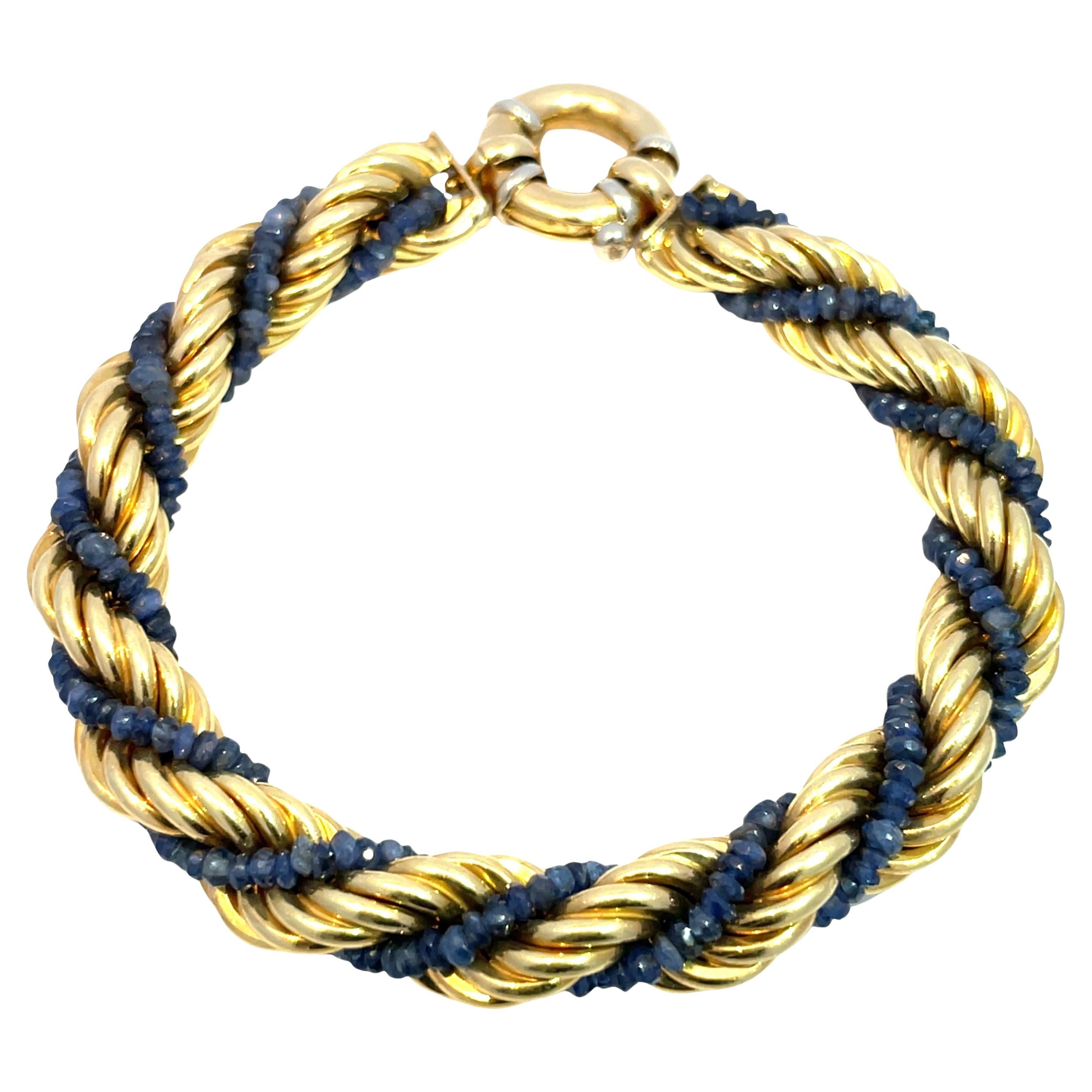 18K Yellow Gold Rope Bracelet with Blue Sapphire Accents For Sale
