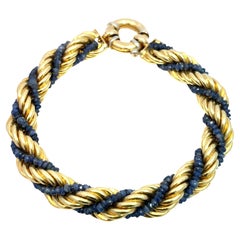 18K Yellow Gold Rope Bracelet with Blue Sapphire Accents