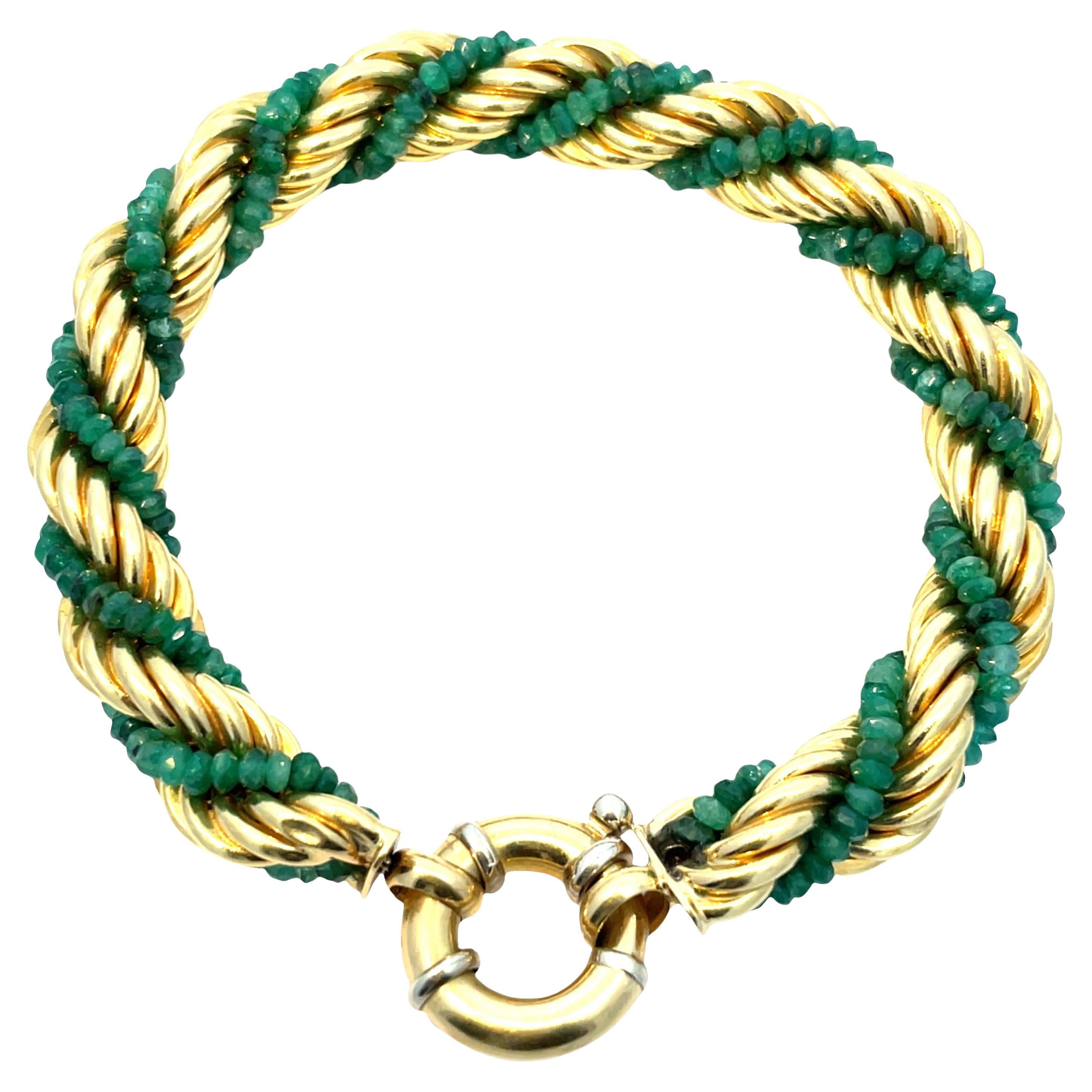 18K Yellow Gold Rope Bracelet with Emerald Beads