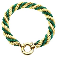 18K Yellow Gold Rope Bracelet with Emerald Beads