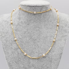 18k Yellow Gold Rope Necklace with Natural Pearls – 70cm Vintage Chain