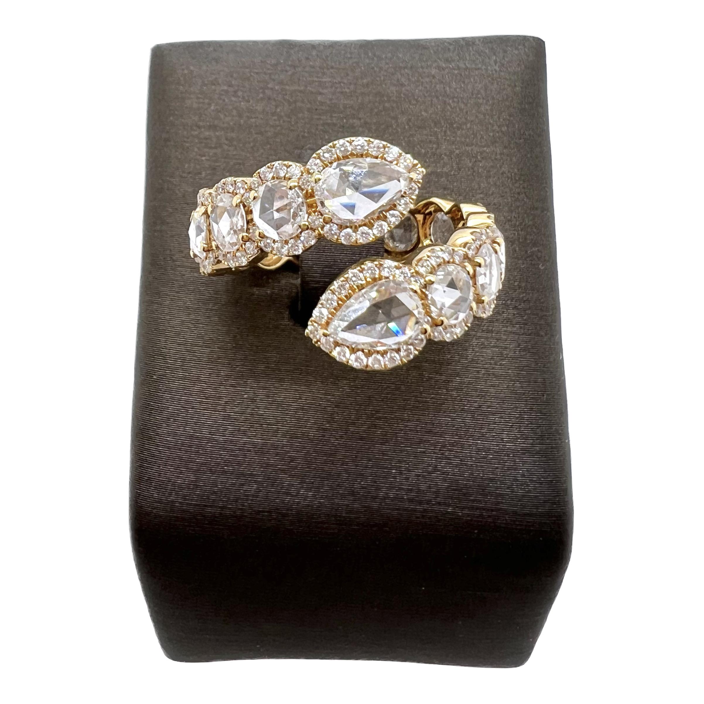 18k Yellow Gold Rose Cut Diamond Bypass Ring with Round Brilliant Diamonds In New Condition In Carrollton, TX
