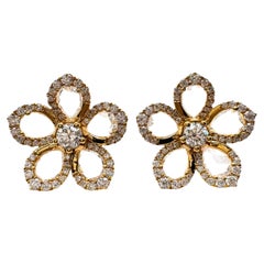 Boucles d'oreilles en or jaune 18 carats à motifs floraux et diamants taille rose