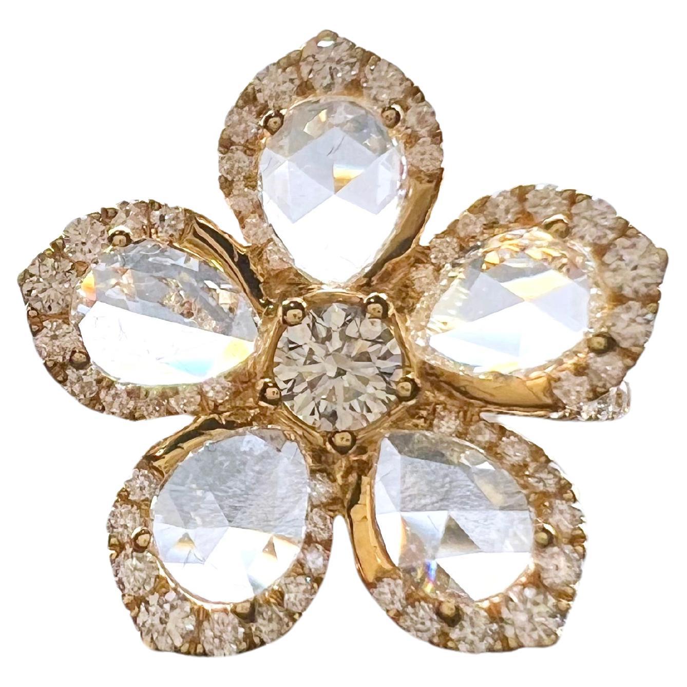 18k Yellow Gold Rose Cut Flower Petal Diamond Ring For Sale