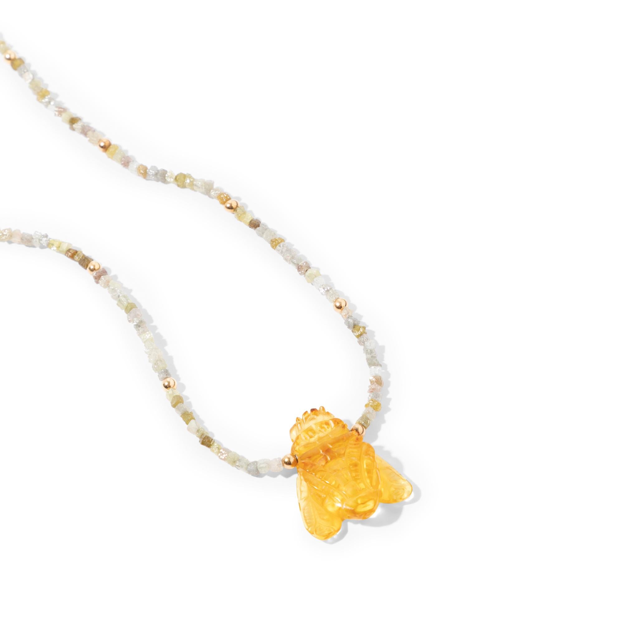 Artisan 18k Yellow Gold Rough Diamond Beaded Necklace With Hand-carved Amber Bee For Sale