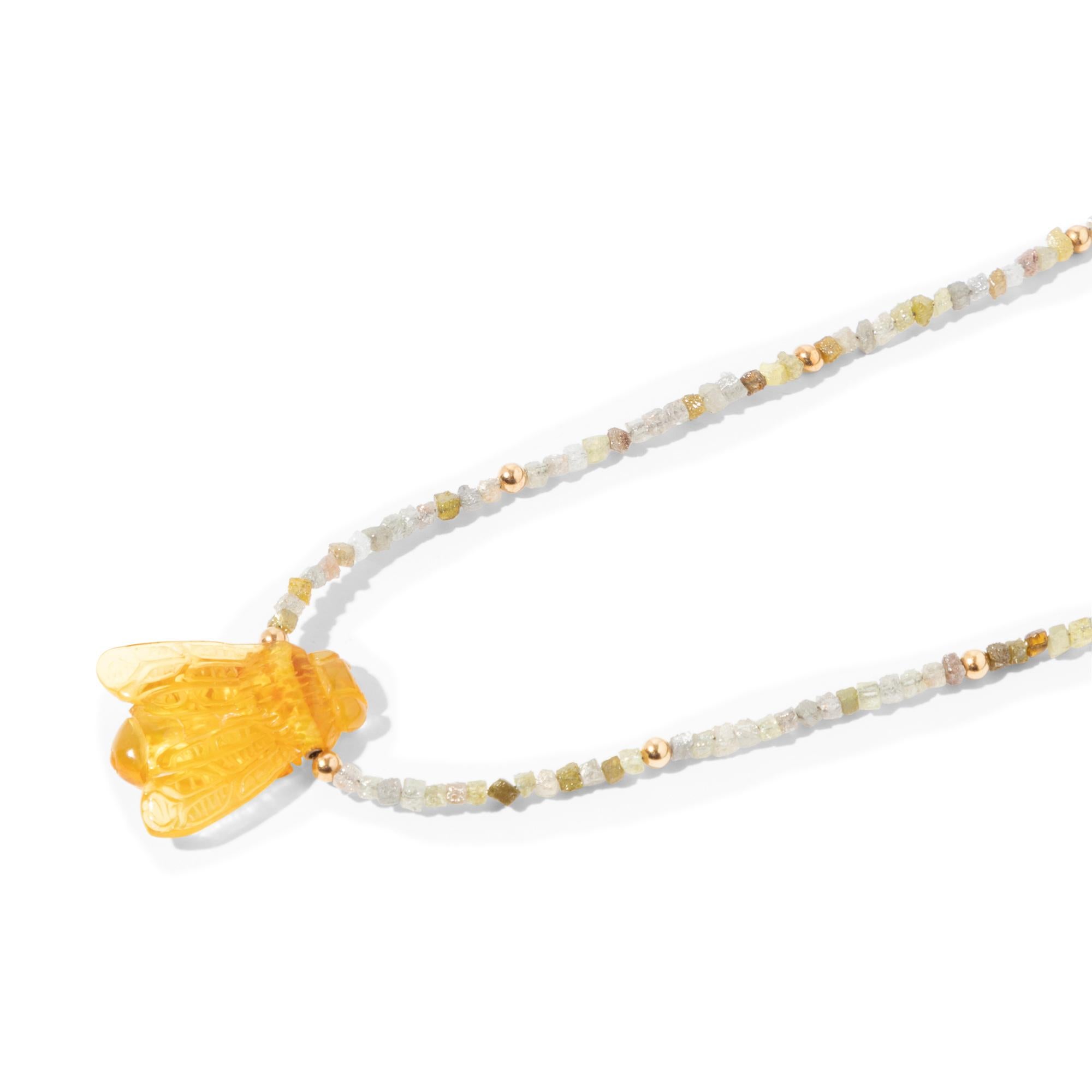 Uncut 18k Yellow Gold Rough Diamond Beaded Necklace With Hand-carved Amber Bee For Sale