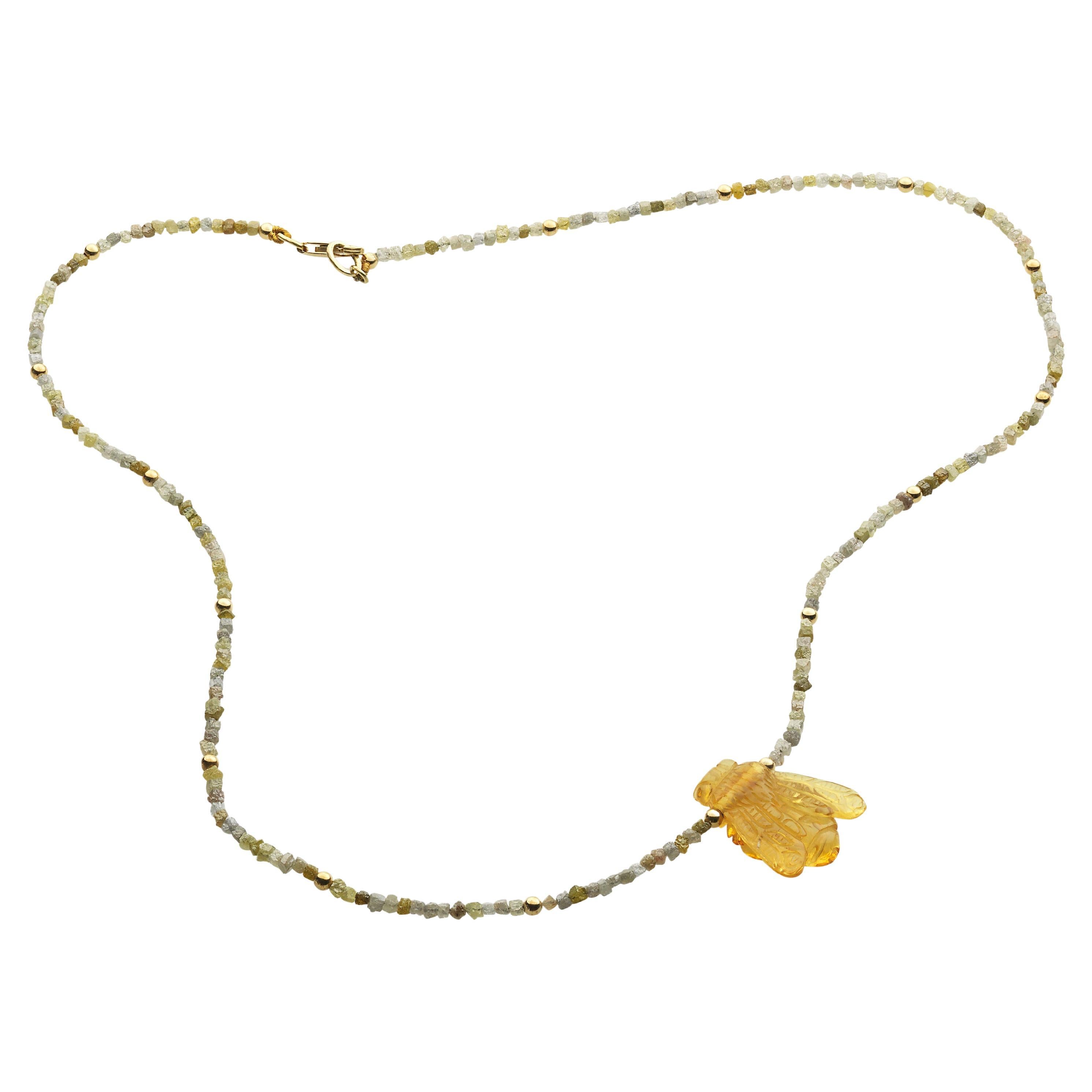 18k Yellow Gold Rough Diamond Beaded Necklace With Hand-carved Amber Bee For Sale