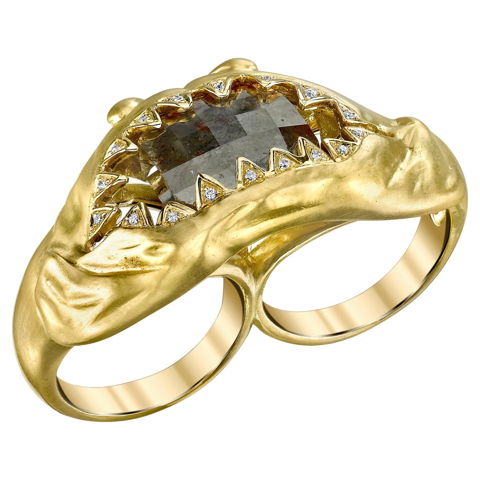 18K Yellow Gold Rough Diamond Double Shark Ring 10.40cts Rough Diamond.10cts Dia For Sale