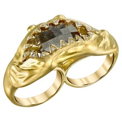 18K Yellow Gold Rough Diamond Double Shark Ring 10.40cts Rough Diamond.10cts Dia
