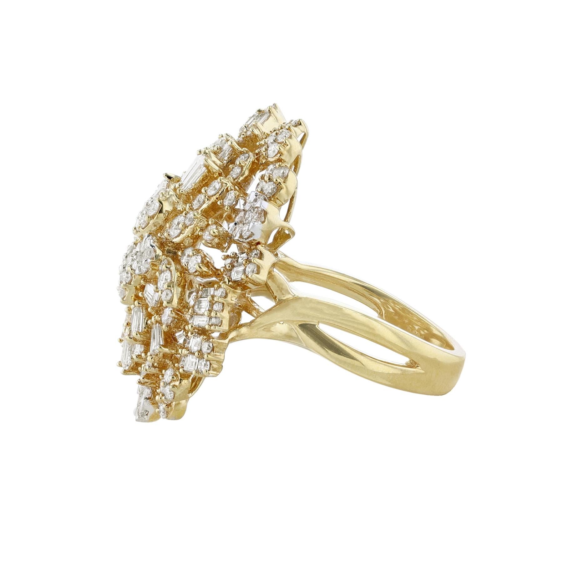 This ring is made in 18K yellow gold and features 35 baguette cut diamonds weighing 1.06 carats. Along with 148 round cut diamonds weighing 1.75 carats. With a color grade (H) and clarity grade (SI2). All stones are prong set.
