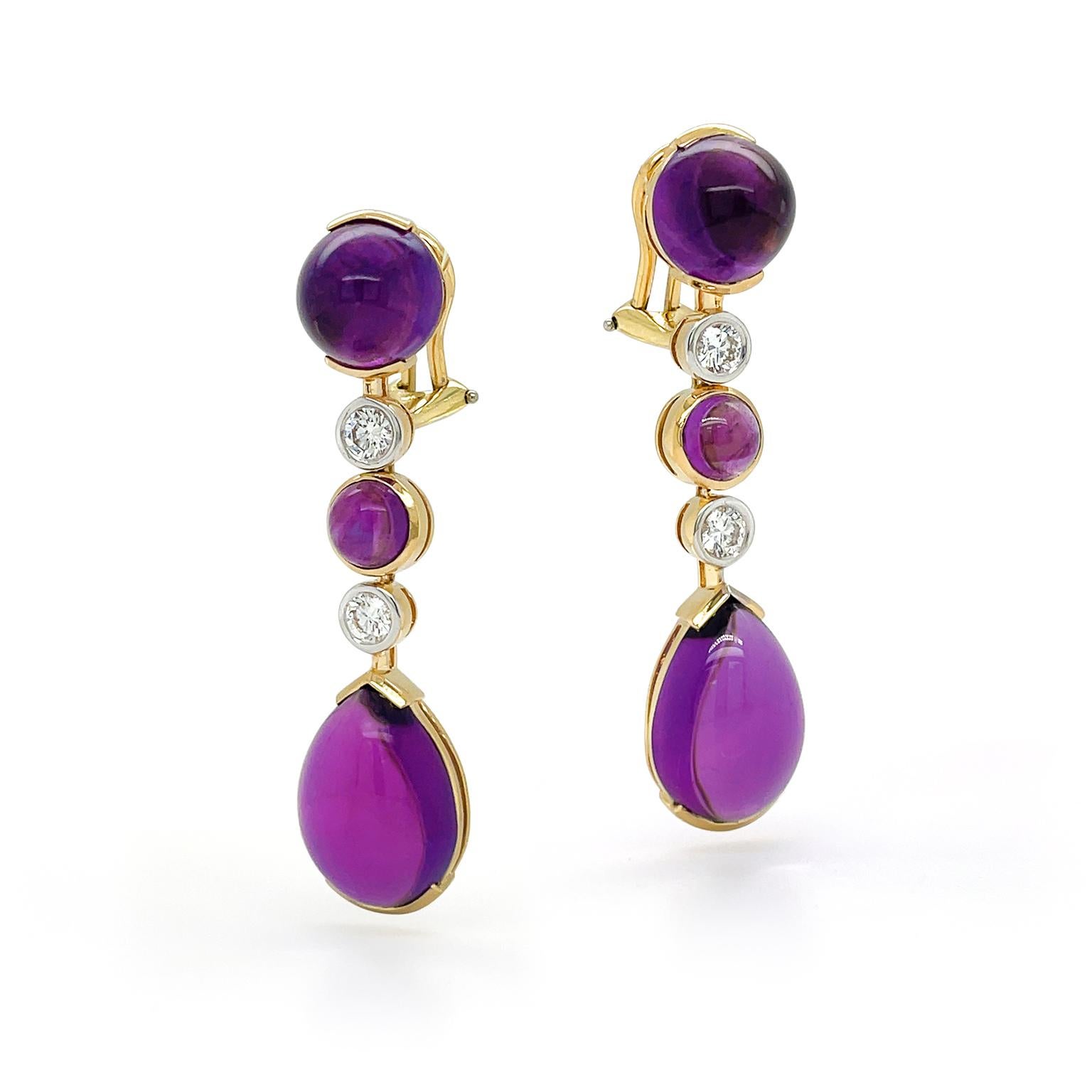 Orecchini pendenti in oro giallo 18K con ametista rotonda e diamante In condizioni Nuovo in vendita a New York, NY