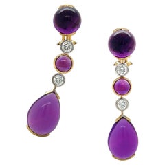 18K Yellow Gold Round Cabochon Amethyst and Diamond Drop Earrings