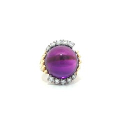 18k Yellow Gold Round Cabochon Deep Rich Purple Amethyst w/ Diamond Accents Ring