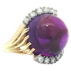 18k Yellow Gold Round Cabochon Deep Rich Purple Amethyst w/ Diamond Accents Ring