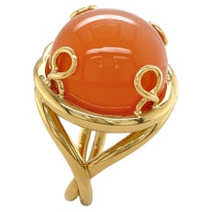 18K Yellow Gold Round Cabochon Orange Moonstone Overlap Ring