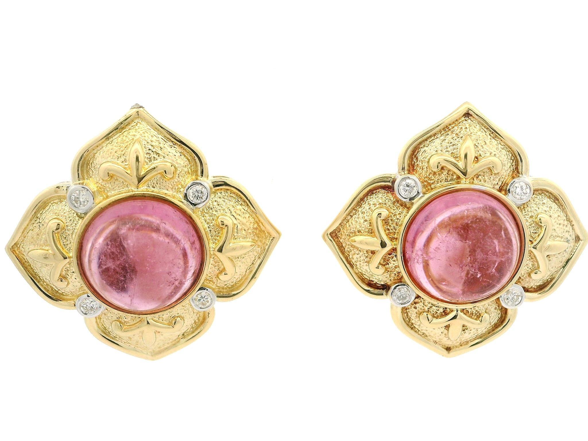 Orecchini Omega a fiore in oro giallo 18k con tormalina rosa cabochon e diamanti in vendita 6