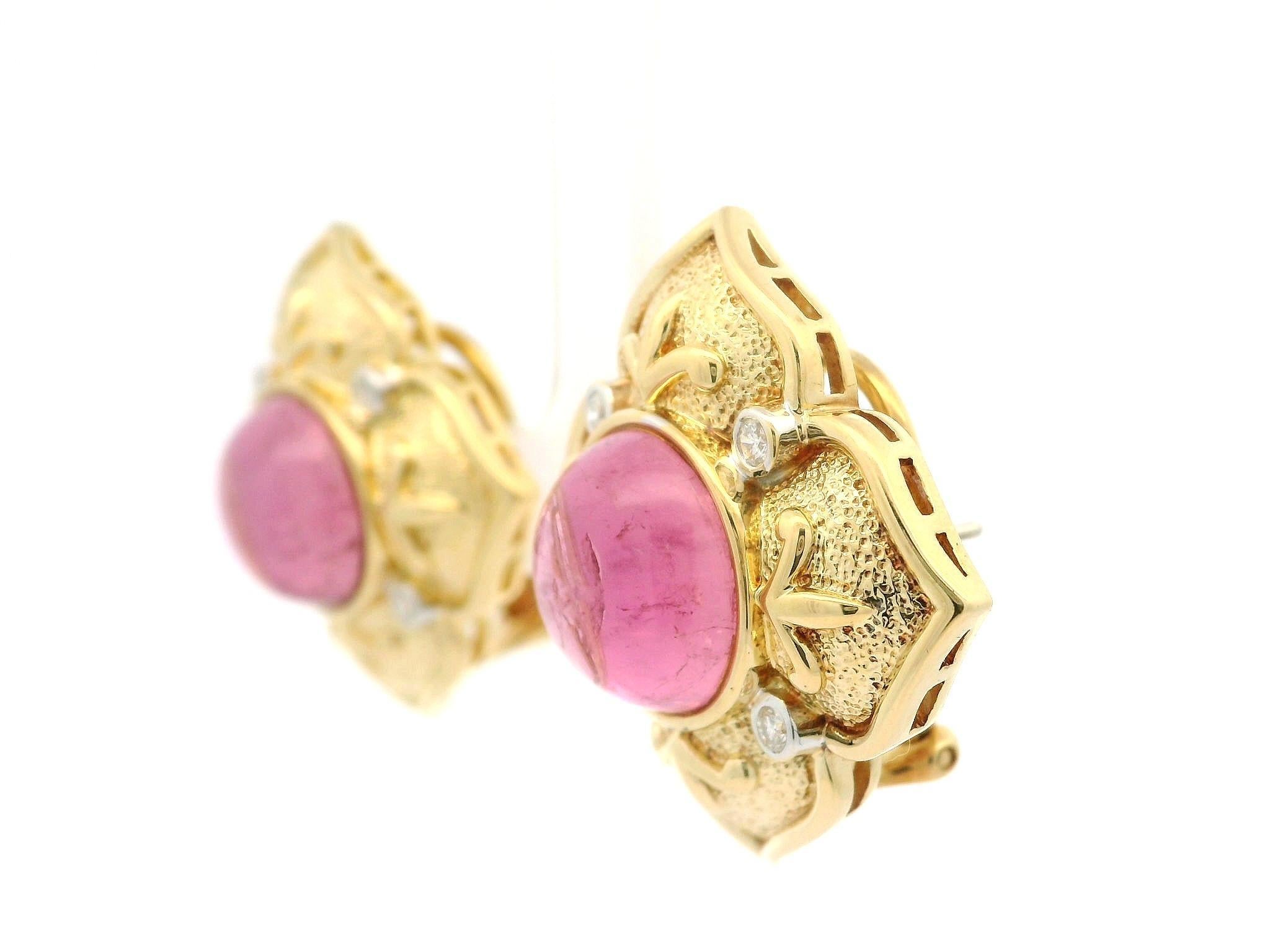 Orecchini Omega a fiore in oro giallo 18k con tormalina rosa cabochon e diamanti in vendita 7