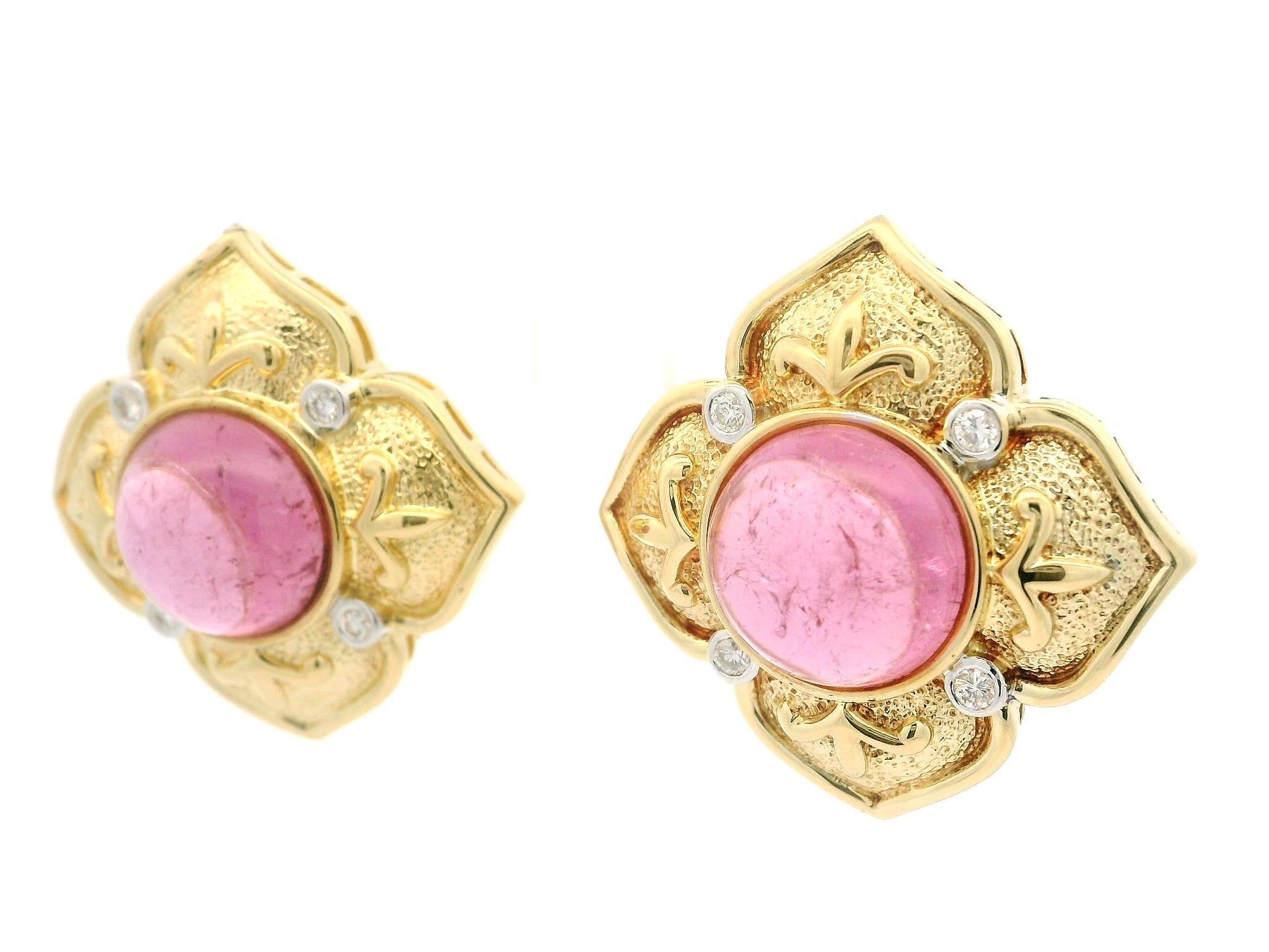 Orecchini Omega a fiore in oro giallo 18k con tormalina rosa cabochon e diamanti in vendita 8