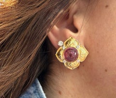 18k Yellow Gold Round Cabochon Pink Tourmaline & Diamond Flower Omega Earrings