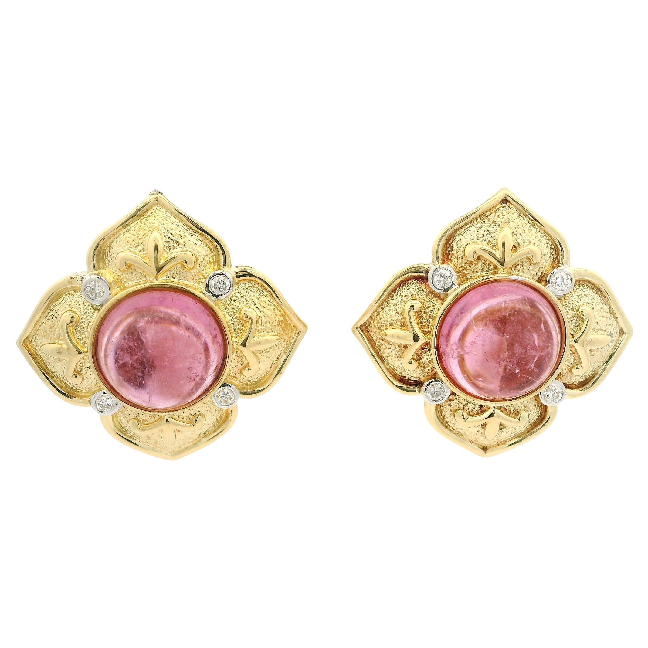 18k Yellow Gold Round Cabochon Pink Tourmaline & Diamond Flower Omega Earrings