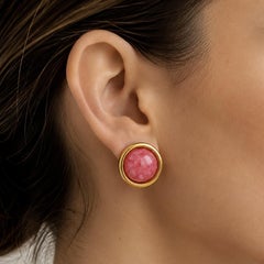 Grandes boucles d'oreilles à clip en or jaune 18 carats, avec rhodochrosite en cabochon rond