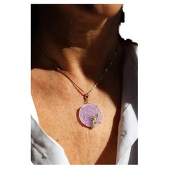 18K Yellow Gold Charm Purple Rose Quartz Circle Pendant Unique Piece