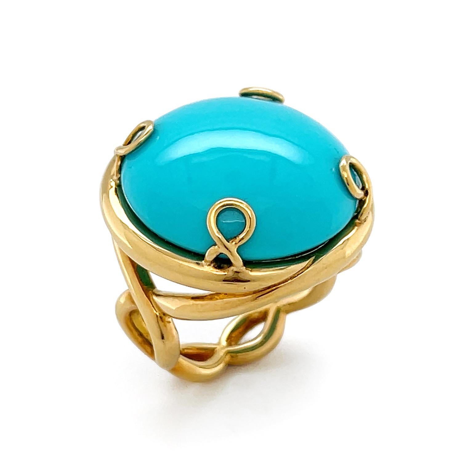 The captivating blue-green turquoise is enlivened by 18k yellow gold for this helix ring. A round cabochon dome of turquoise is set with four loops of gold securing the gem. Underneath the burnished metal entwines form a helix design for a notable