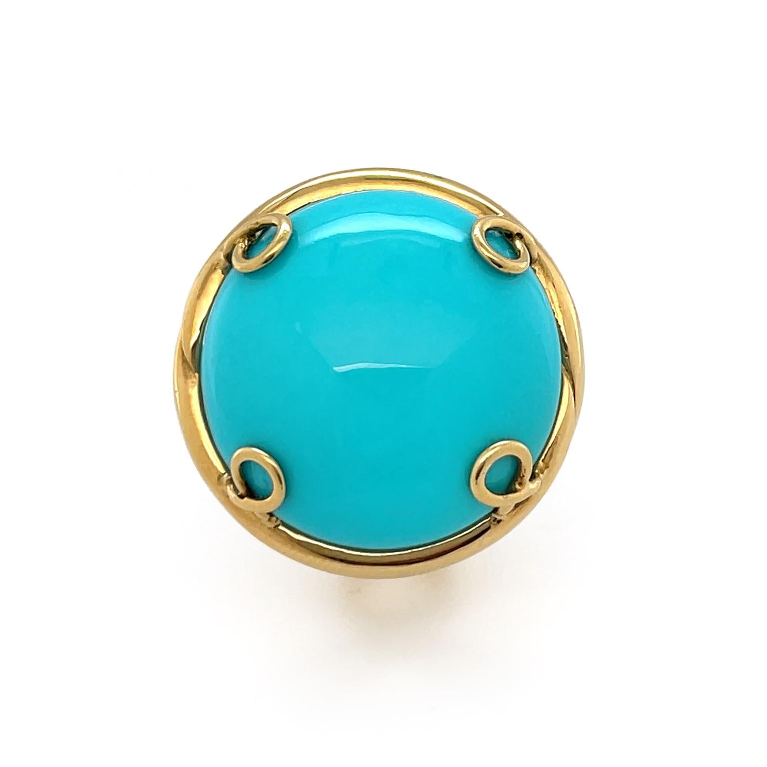 Cabochon 18K Yellow Gold Round Cushion Sleeping Beauty Turquoise Helix Ring For Sale