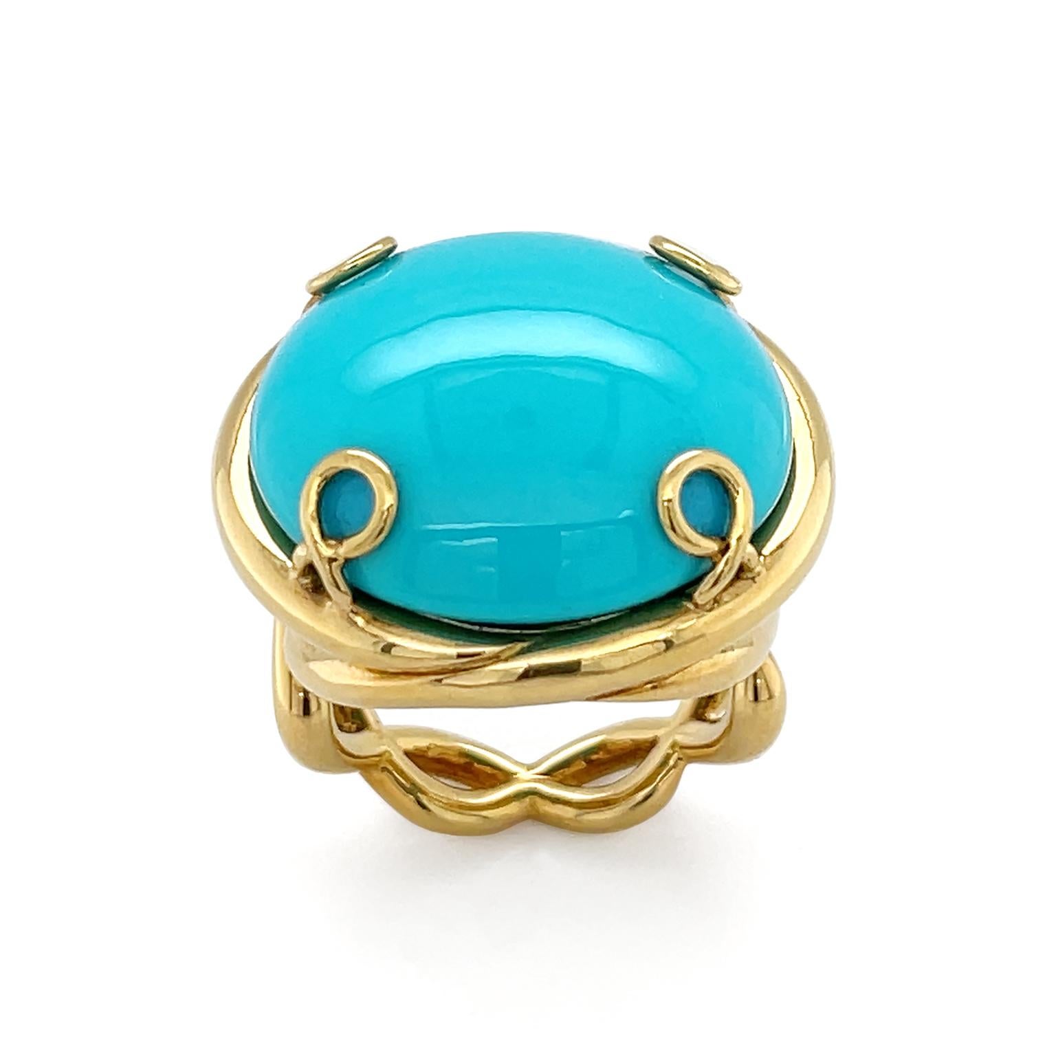 18K Yellow Gold Round Cushion Sleeping Beauty Turquoise Helix Ring In New Condition For Sale In New York, NY