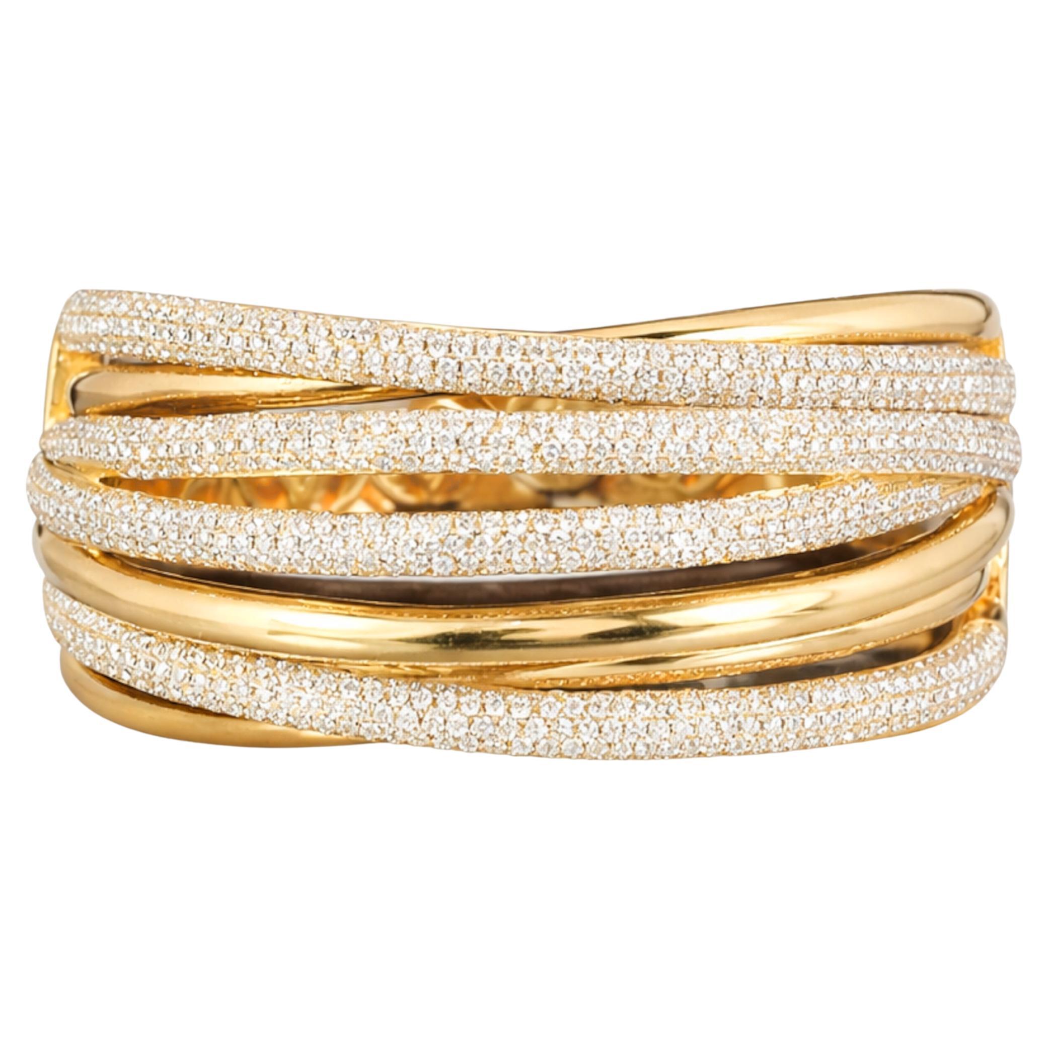 18K Yellow Gold Round Diamond Crossover Bangle Bracelet For Sale
