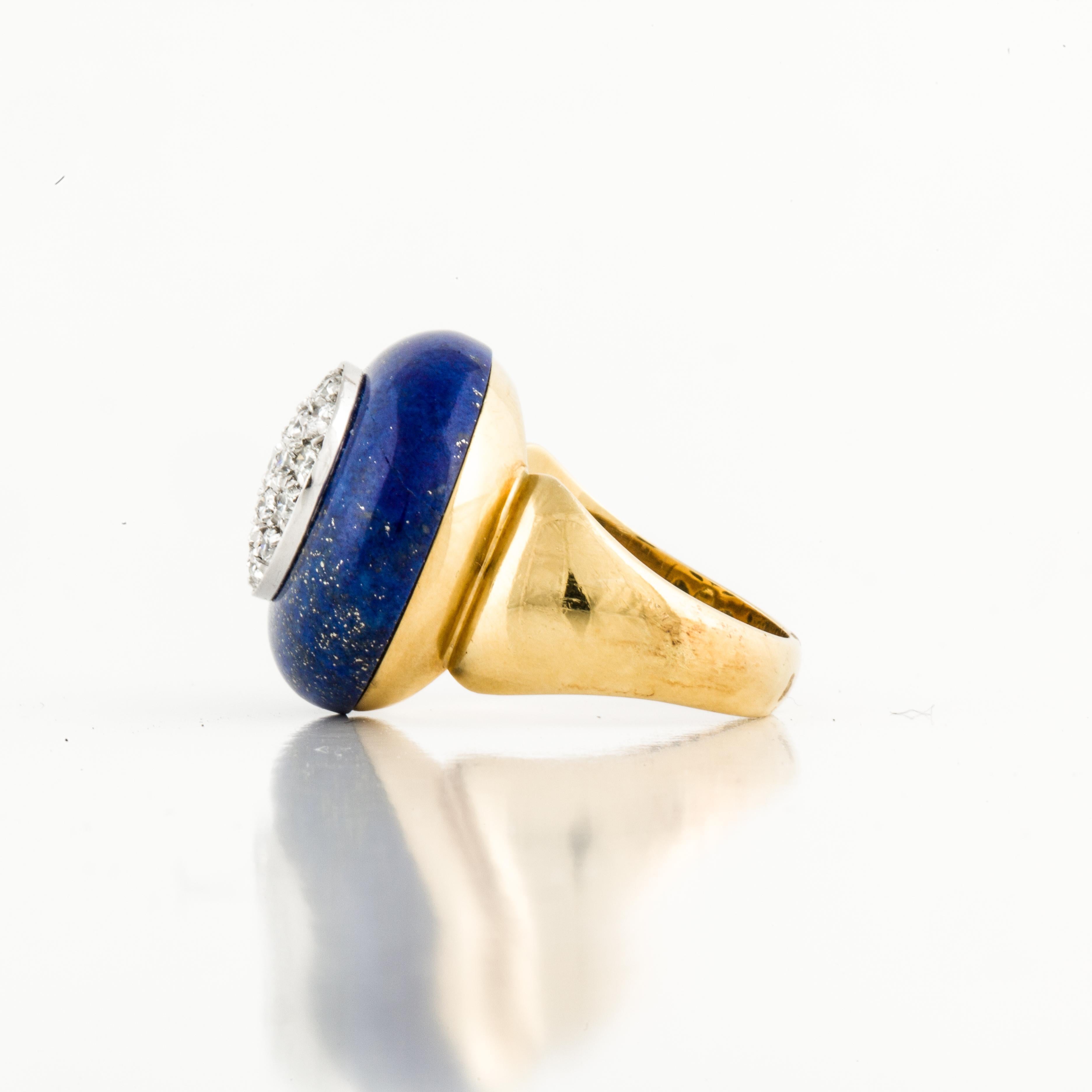 Round Cut Lapis Disc with Pavé Diamonds Ring in 18K Gold For Sale