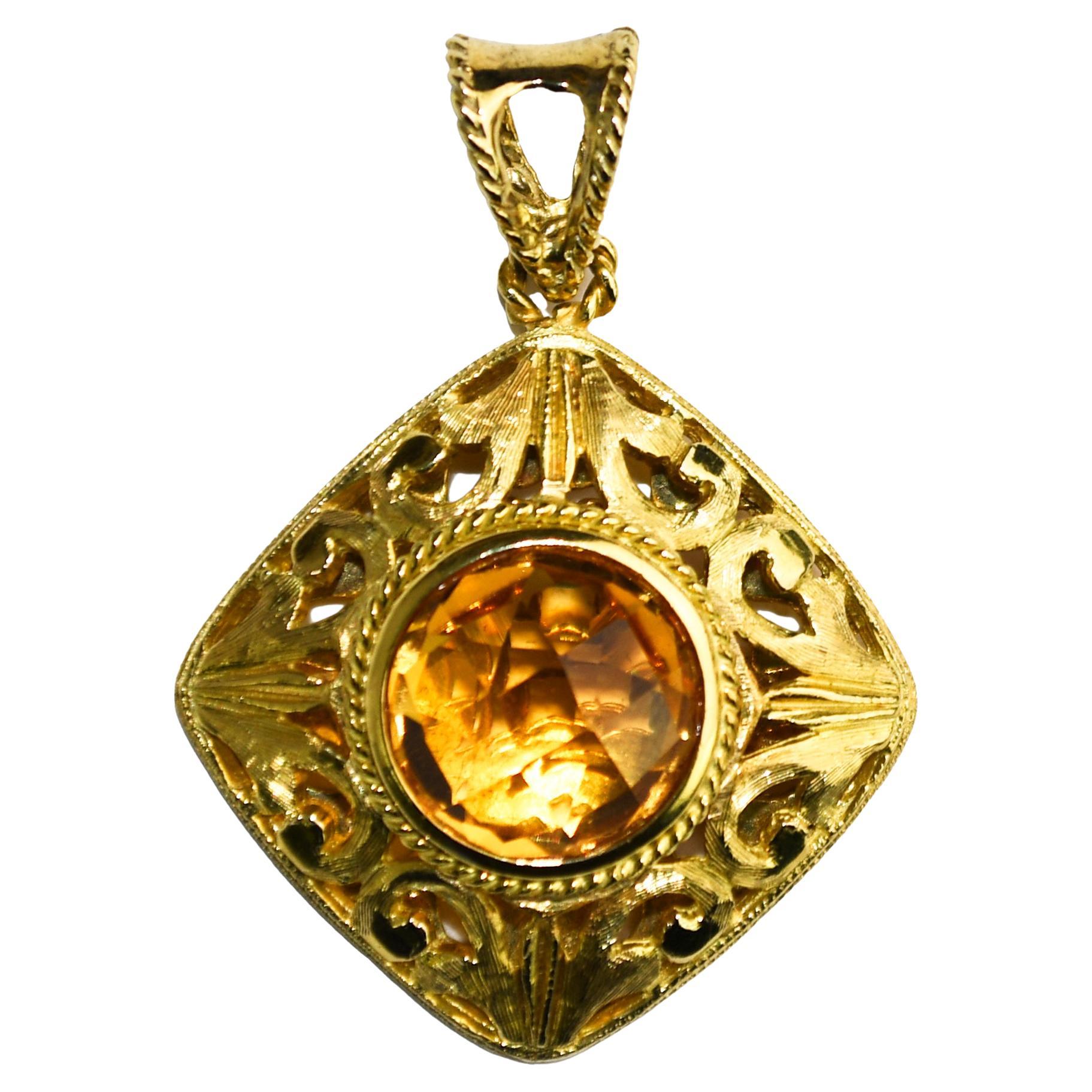 18K Yellow Gold Round Fancy Cut Citrine Quartz Pendant