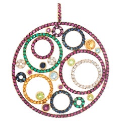 18k Yellow Gold Round Pendant with with Diamonds & Semi Precious Stones