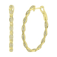 18k Yellow Gold Round Single Cut Diamond Leaf Hoop Earrings