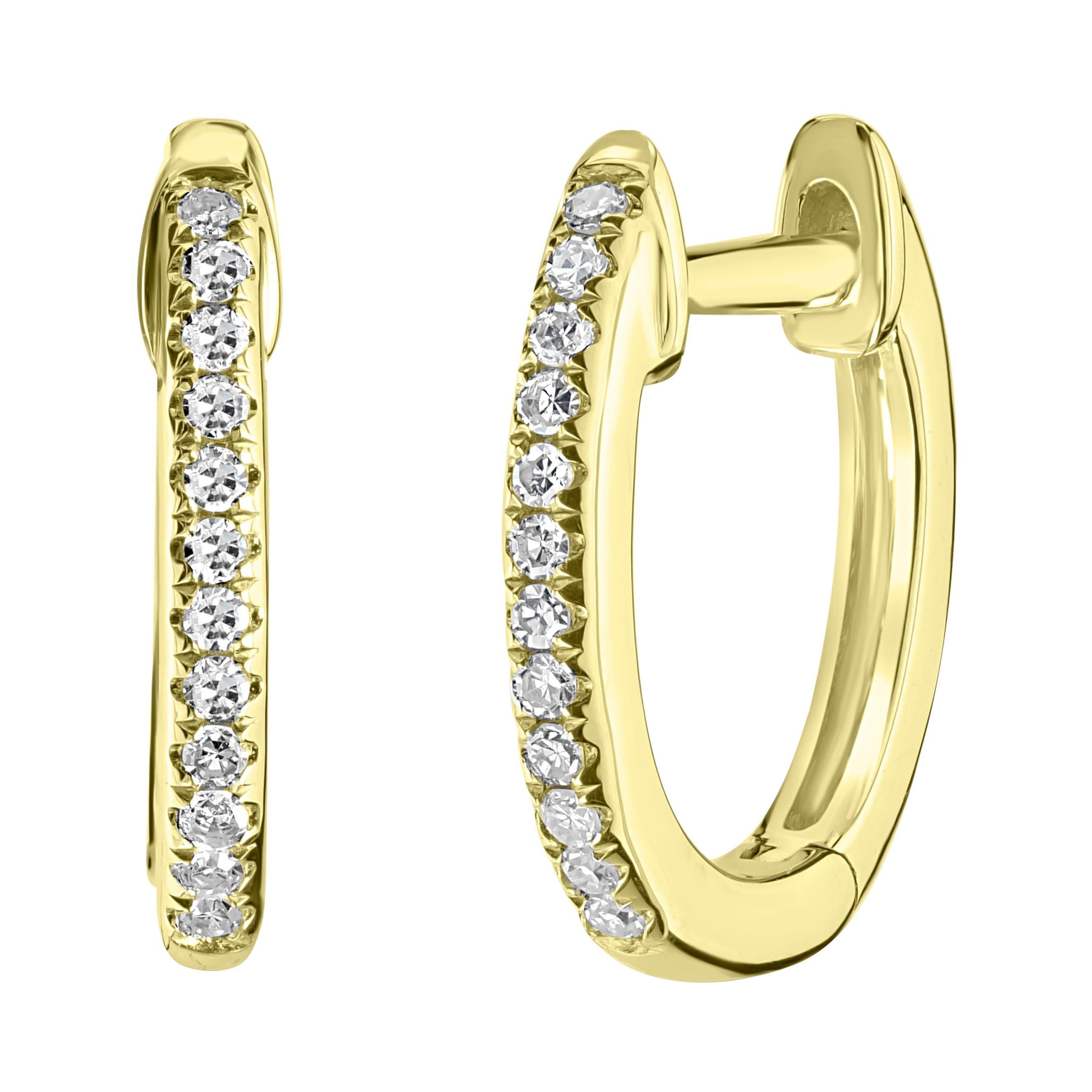 18k Yellow Gold Round Single Cut Pave Diamond Hoop Earring