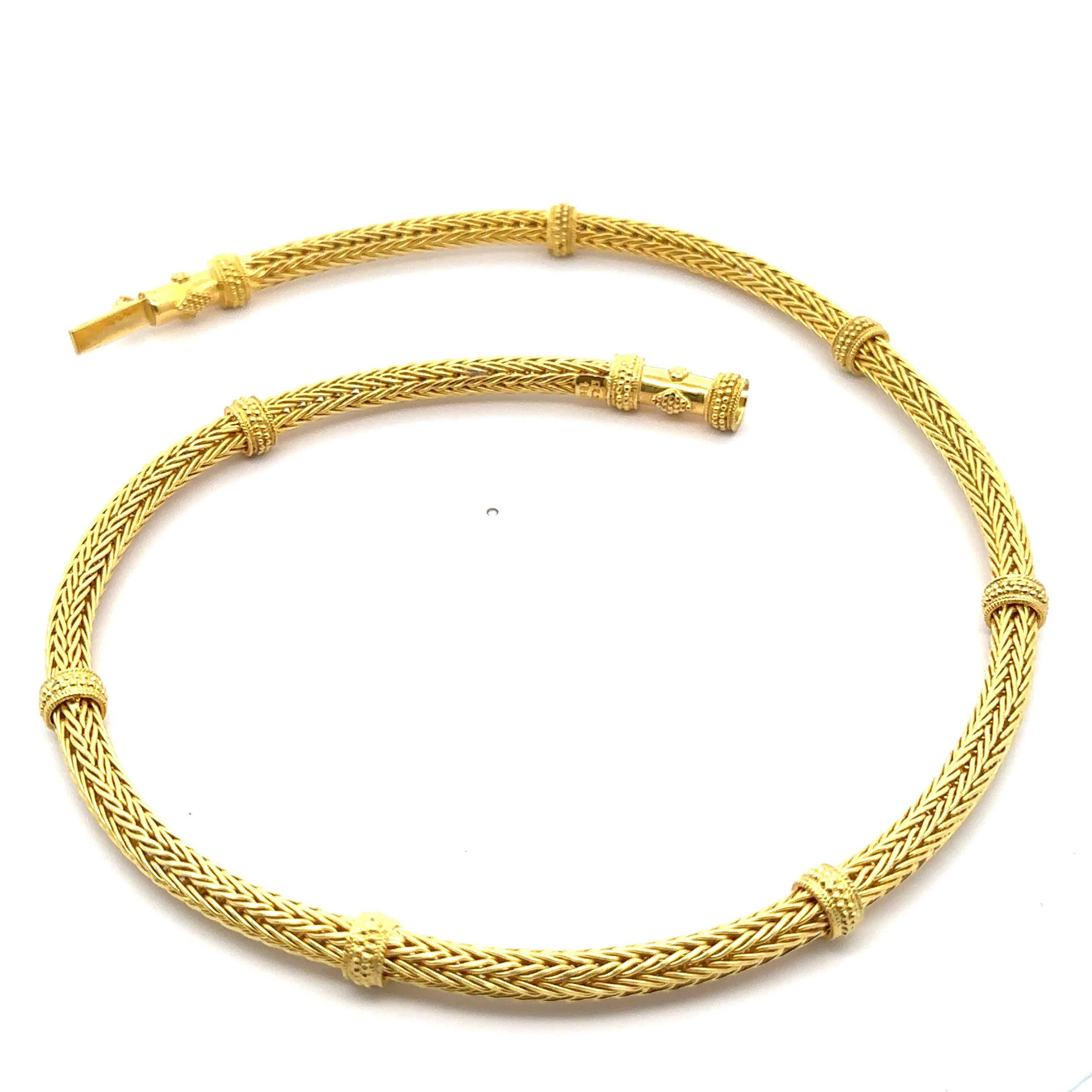 18k Gelbgold gerundet Weizen Link Kette Halskette mit Perlen Abschnitte Verschluss im Angebot 1