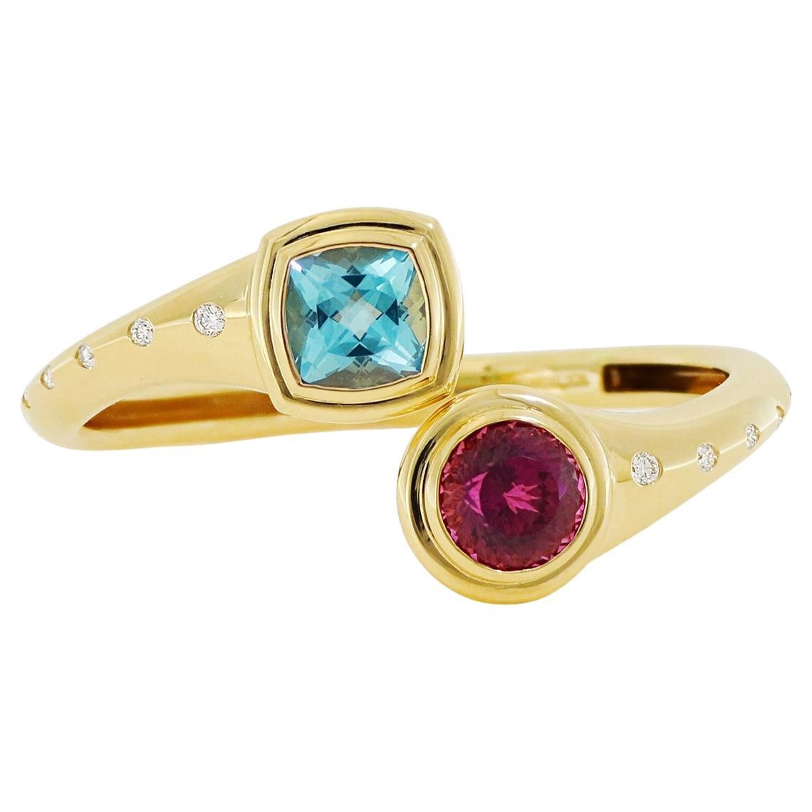 18K Yellow Gold Rubellite and Blue Topaz Bangle Bracelet