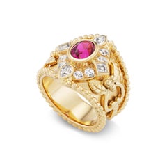 18K Yellow Gold, Rubellite Toumaline & White Zircon Classic Crevoshay Ring