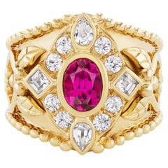 18K Yellow Gold, Rubellite Toumaline & White Zircon Classic Crevoshay Ring