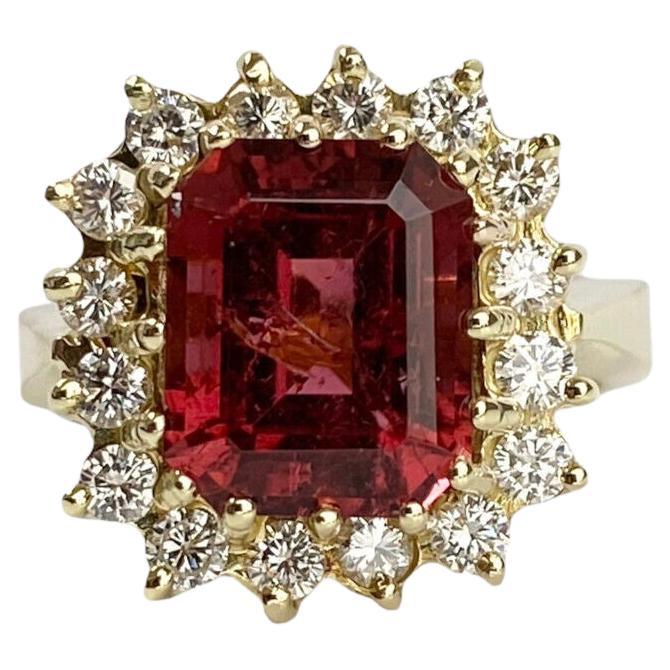18k Yellow Gold Rubellite Tourmaline Halo Ring For Sale