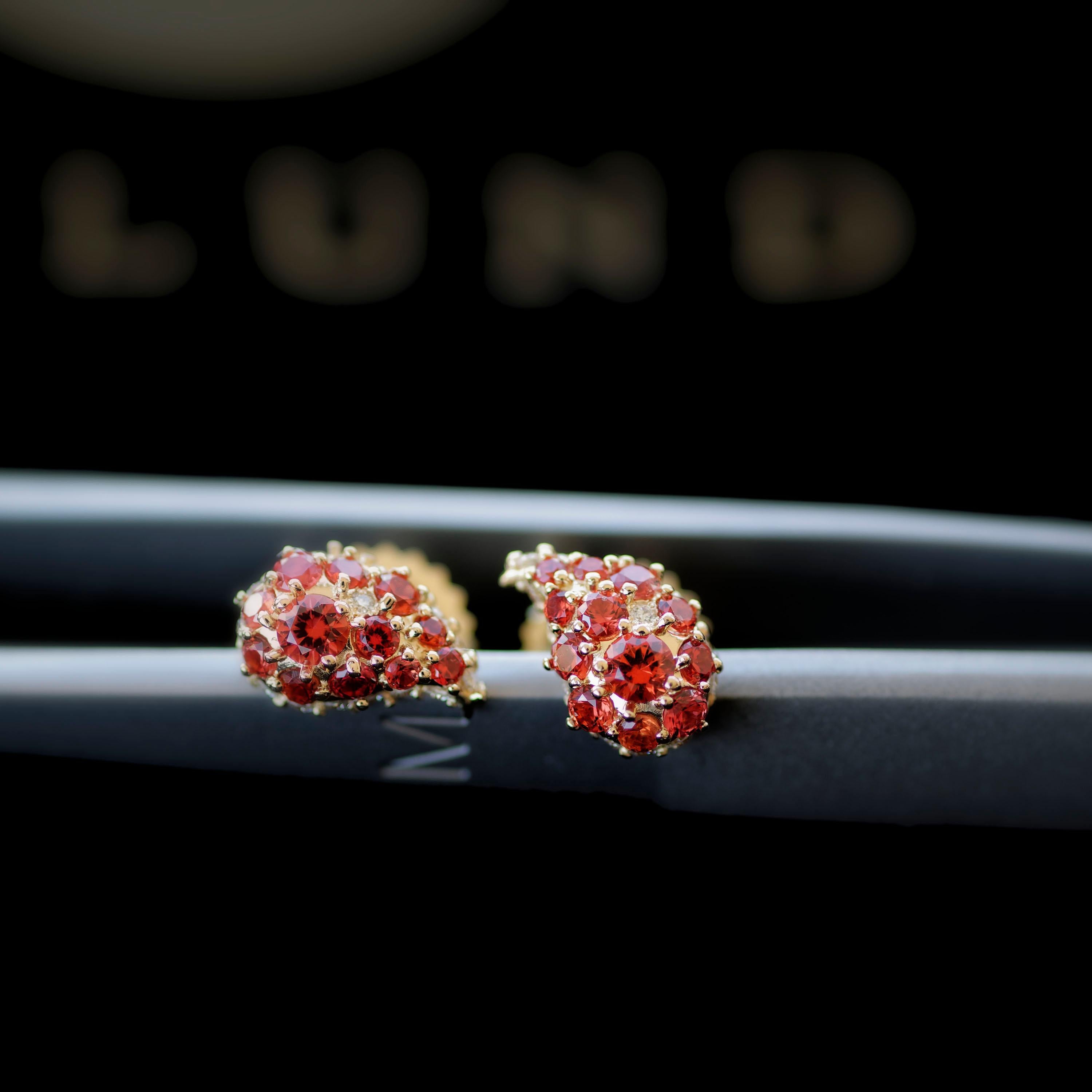 Brilliant Cut 18 Karat Yellow Gold Rubies Pave Stud Earrings For Sale