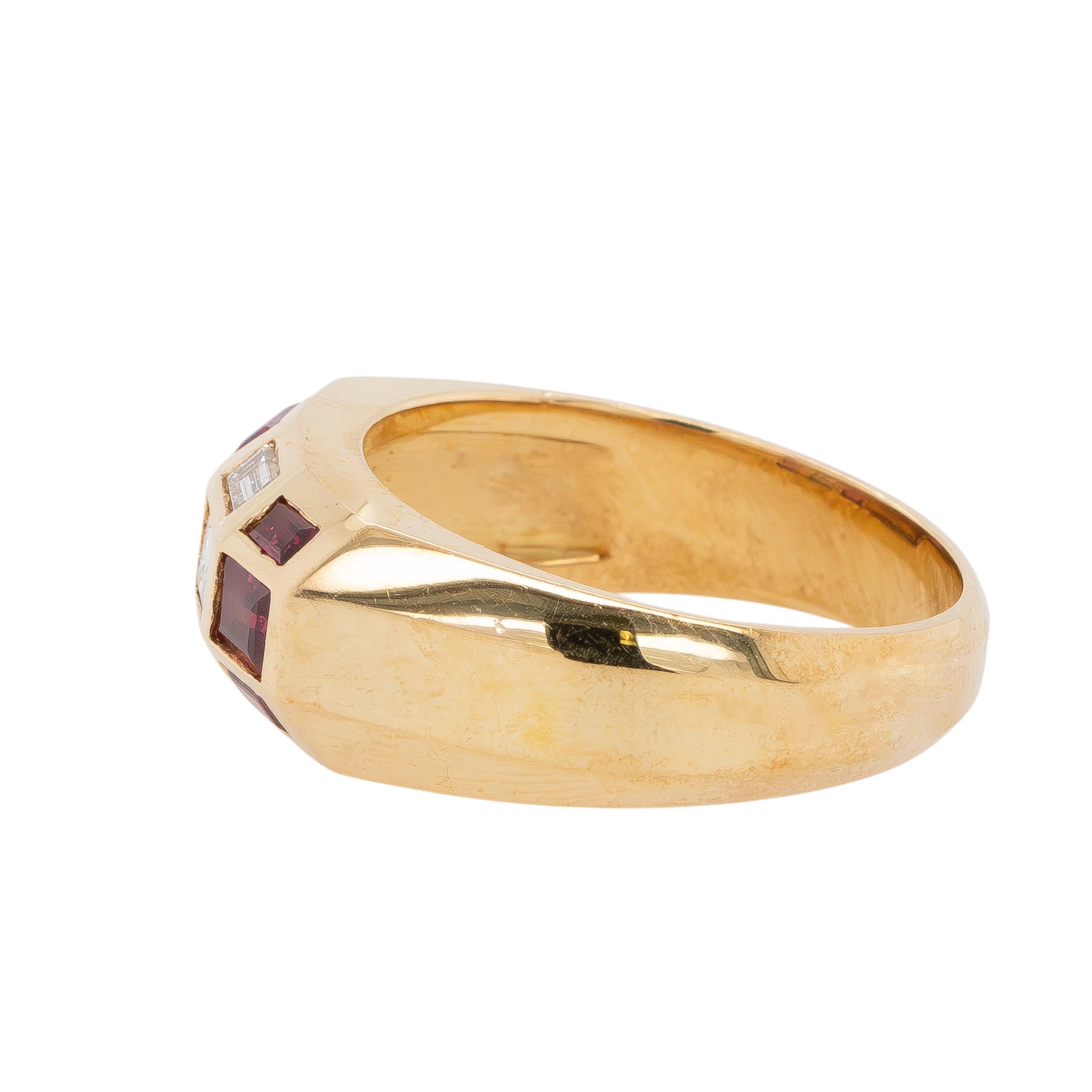 Mixed Cut 18k Yellow Gold Ruby and Baguette Diamond Ring For Sale