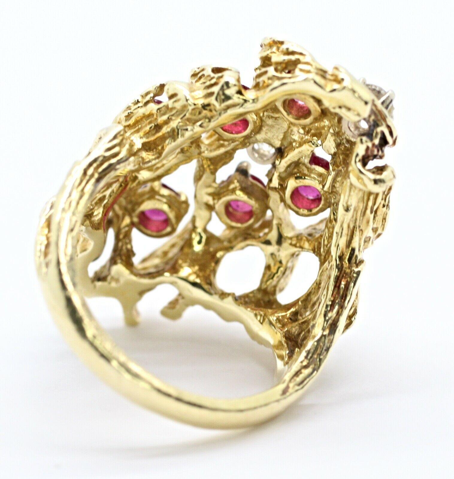 Baroque 18 Karat Yellow Gold Ruby and Diamond Bark Ring For Sale