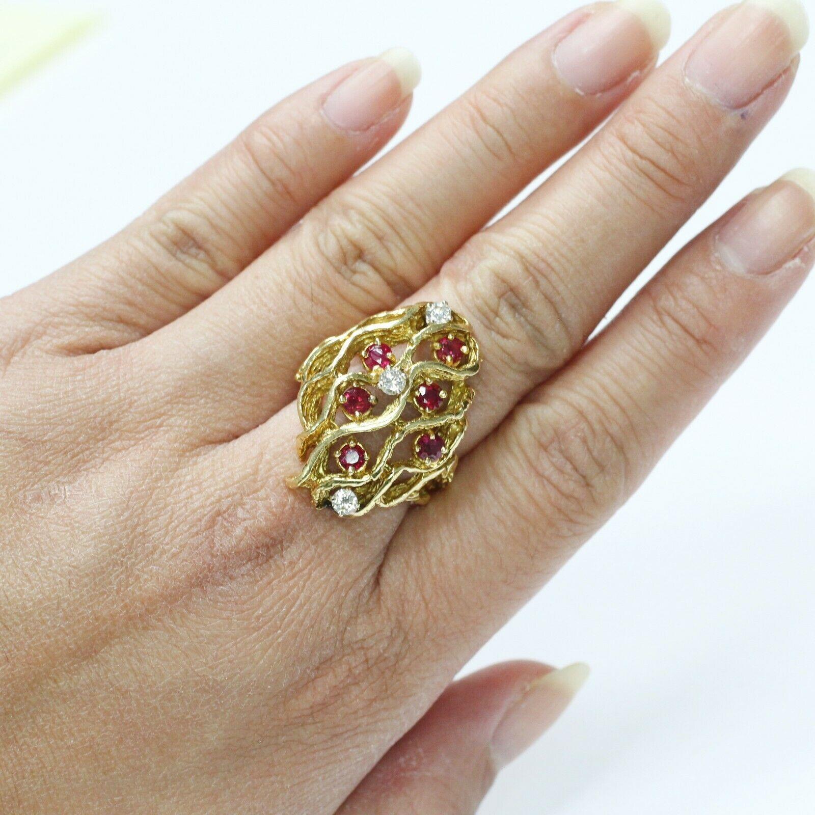 Round Cut 18 Karat Yellow Gold Ruby and Diamond Bark Ring For Sale