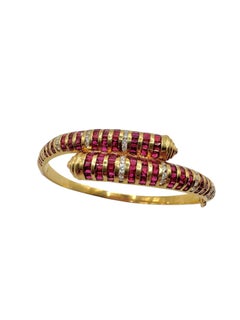 18K Yellow Gold Ruby and Diamond Bypass Bracelet, Stamped 750